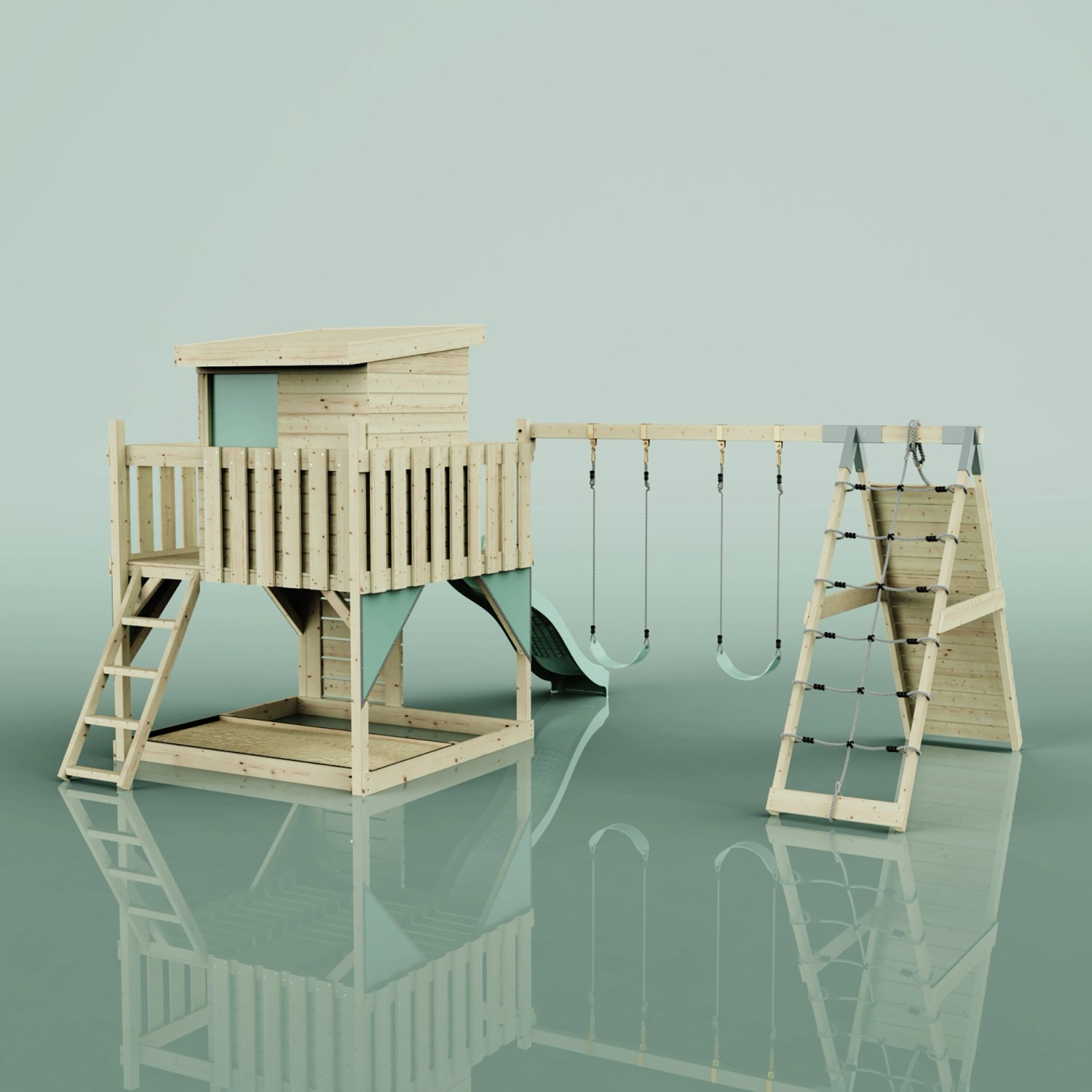 PolarPlay Spielturm Frida mit Schaukel, Rutsche und Kletterwand in Mintgrün.