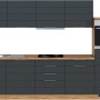 Moderne Küchenzeile in Grau-Wotaneiche Optik mit E-Geräten. Die Held Möbel Küche ist 300 cm breit.