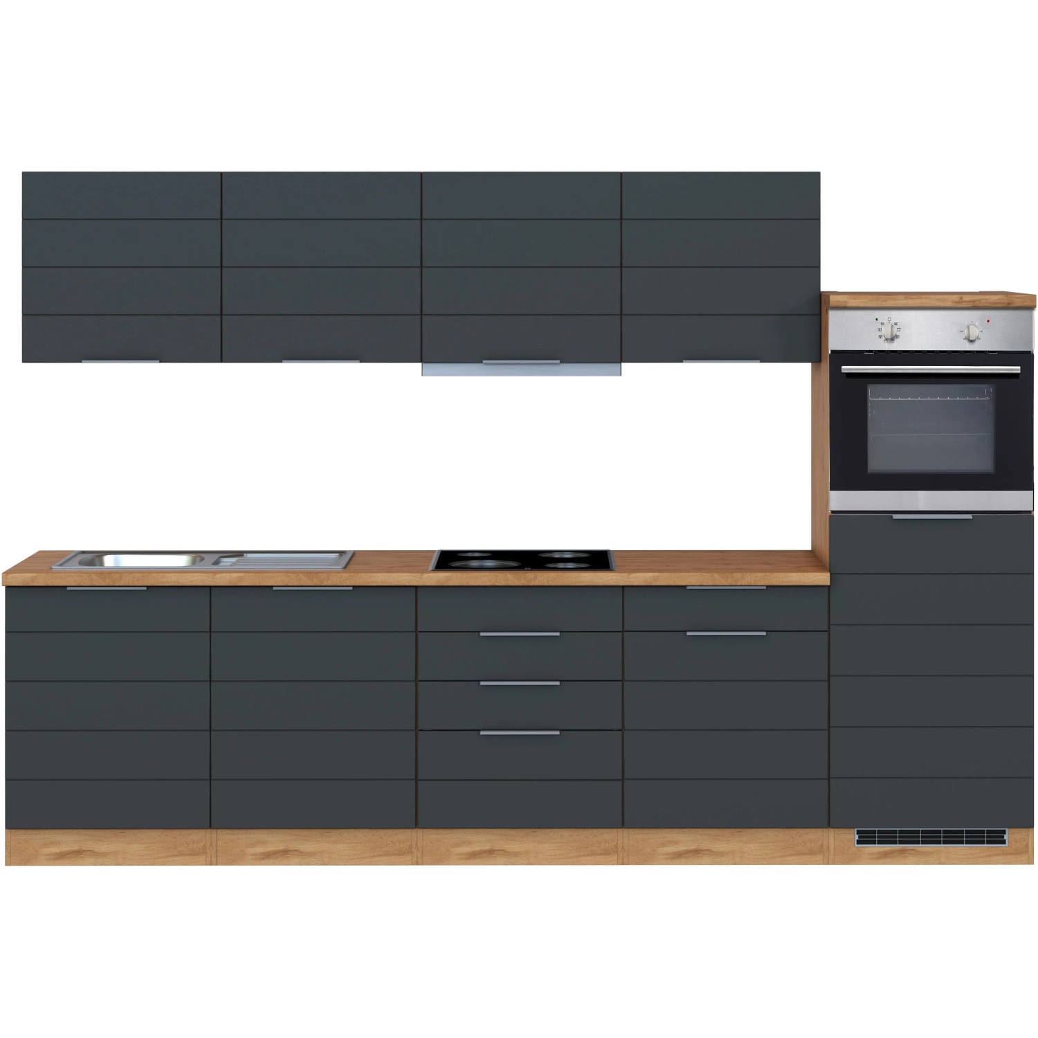 Moderne Küchenzeile in Grau-Wotaneiche Optik mit E-Geräten. Die Held Möbel Küche ist 300 cm breit.