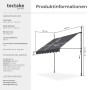 Technische Zeichnung der Tectake Klemmmarkise in Schwarz Grau mit Maßen und Handkurbel für Sonnenschutz.