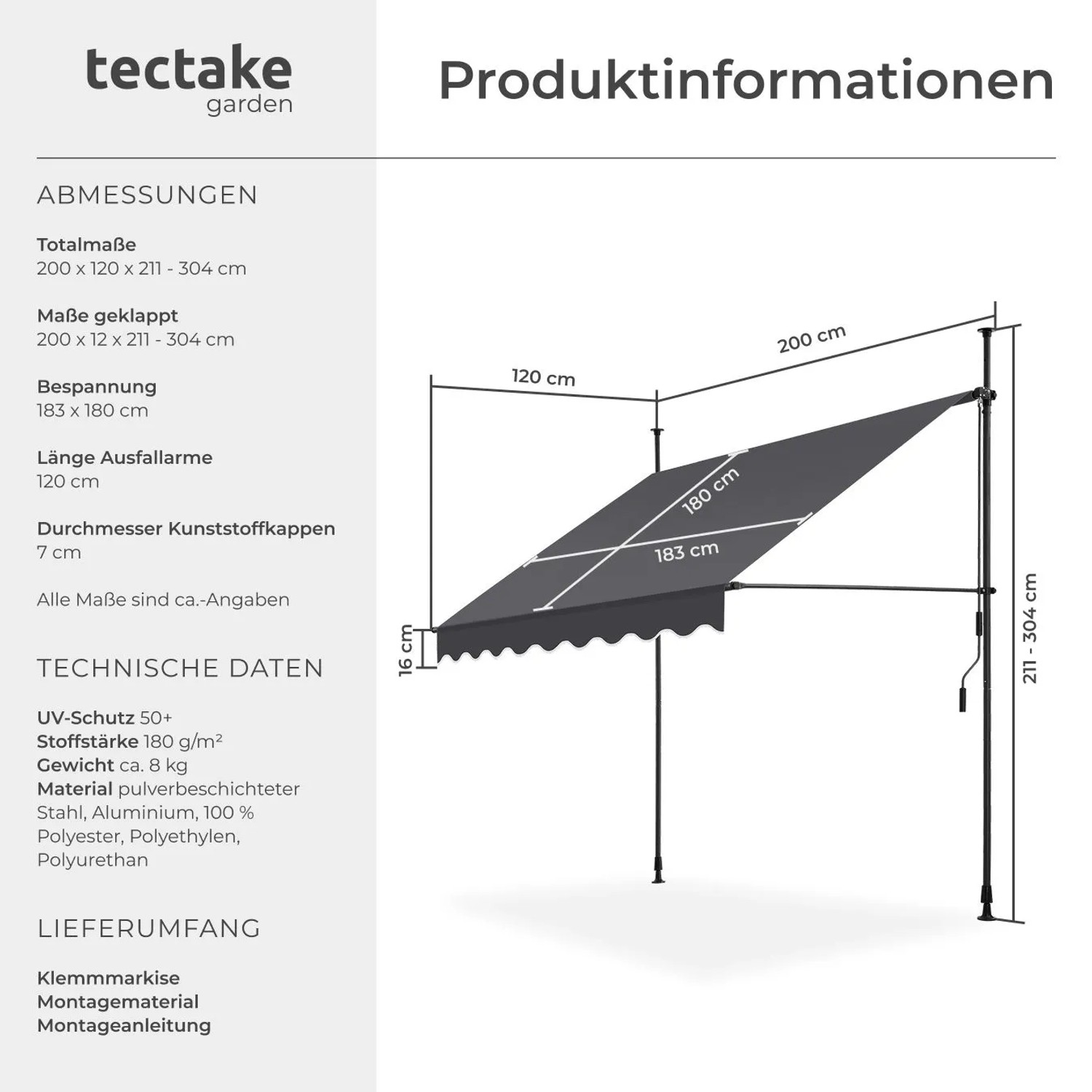 Technische Zeichnung der Tectake Klemmmarkise in Schwarz Grau mit Maßen und Handkurbel für Sonnenschutz.