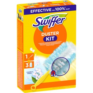 Swiffer Staubmagnet-Set Duster mit 3 Tüchern Febreze im Karton. Staubtuch für Möbel und Oberflächen.
