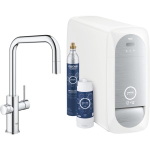 Grohe Blue Home Starter Kit mit U-Auslauf: Einhebelmischer, Kühler, Filter und CO2-Flasche in Chrom.