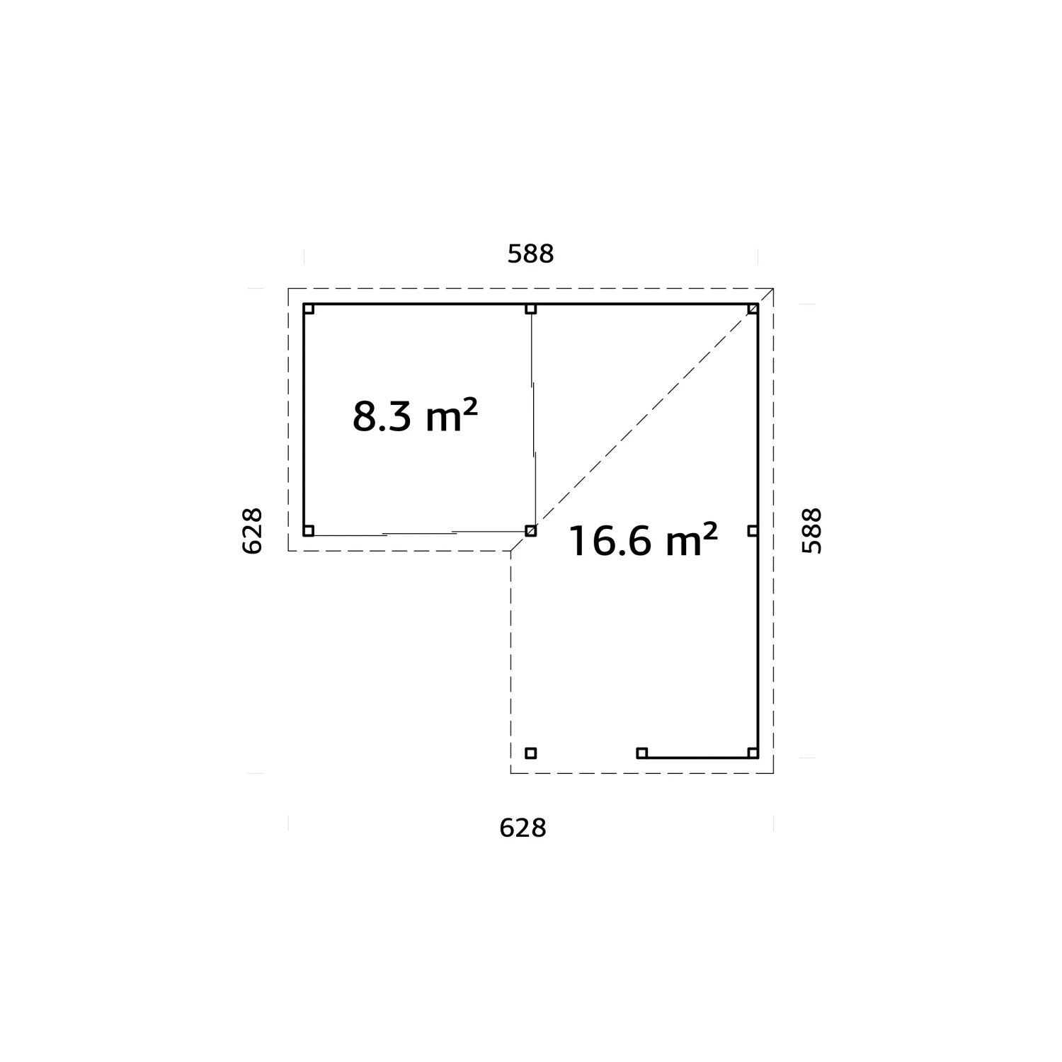 Grundriss Palmako Pavillon Lenna Set 709, 588x588 cm, Weekendhaus mit Maßen und Flächenangaben.