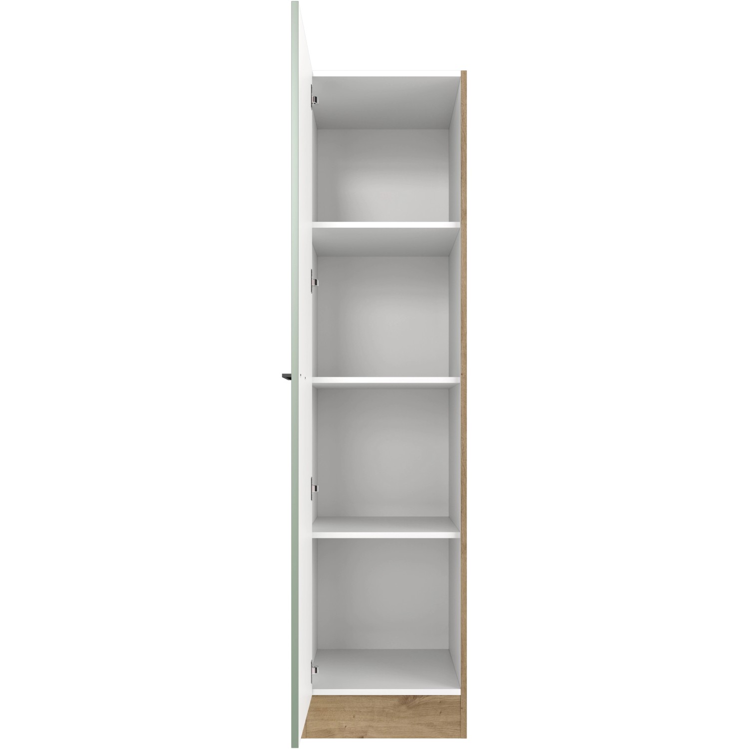 Flex-Well Geschirrschrank Cara, 50 cm, Schilfgrün/Artisan Eiche, mit offener Tür und Einlegeböden.