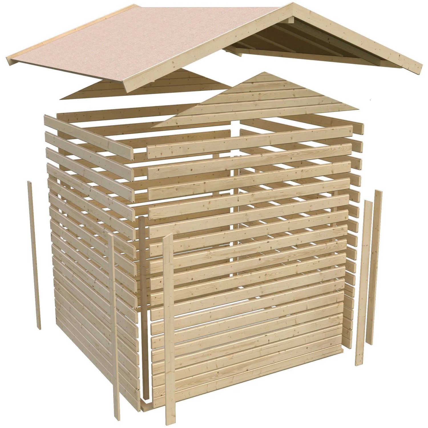 Karibu Holz-Gartenhaus Aesch, unbehandelt, im Aufbau. Satteldach und Holzwände im Detail.