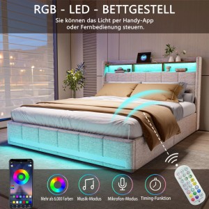 Betten 160x200 mit LED und Ladefunktion Polsterbett mit Stauraum Lattenrost Beige