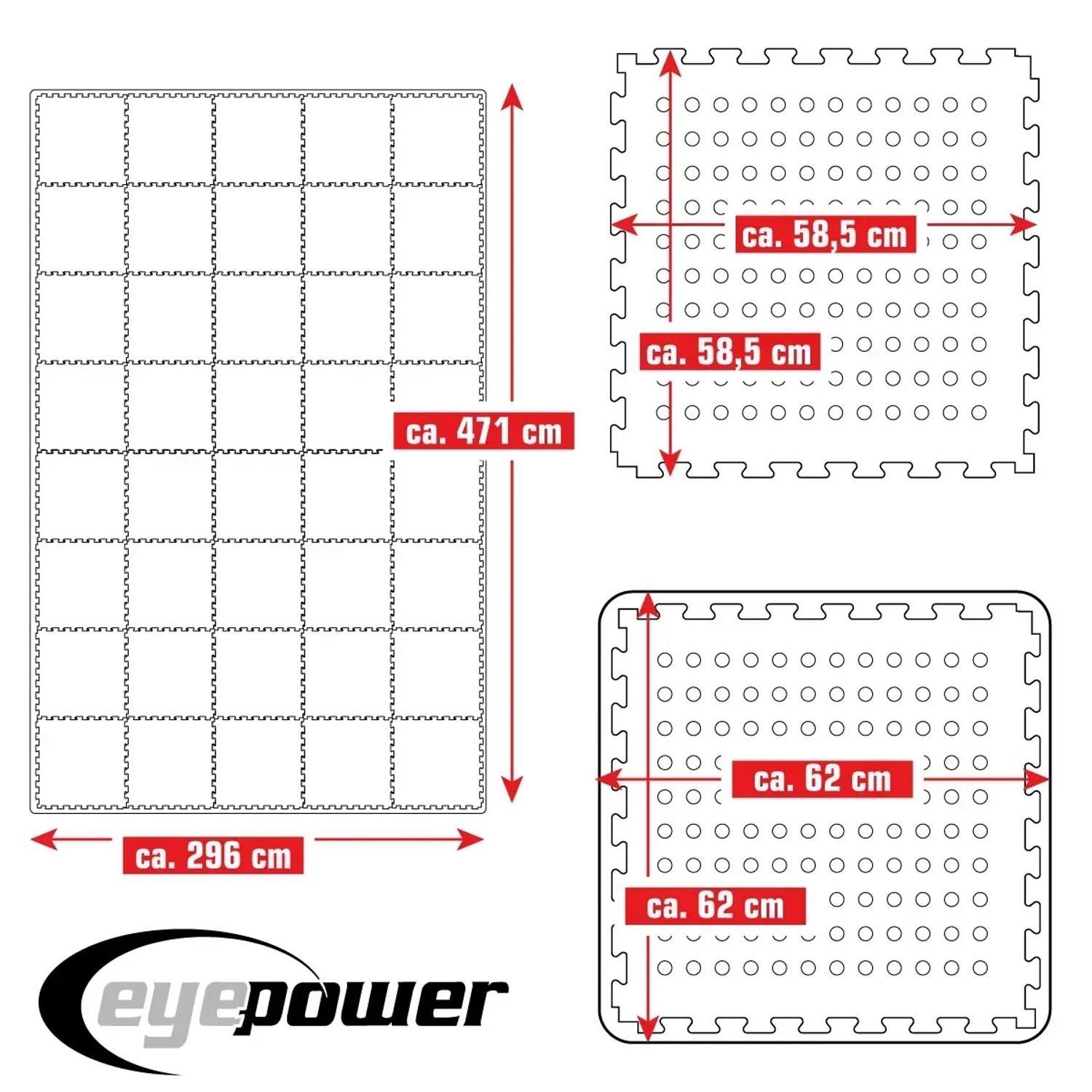 Blaues eyepower Poolmatte 40er Set, 62x62cm, mit Maßangaben für Poolfolien rund.