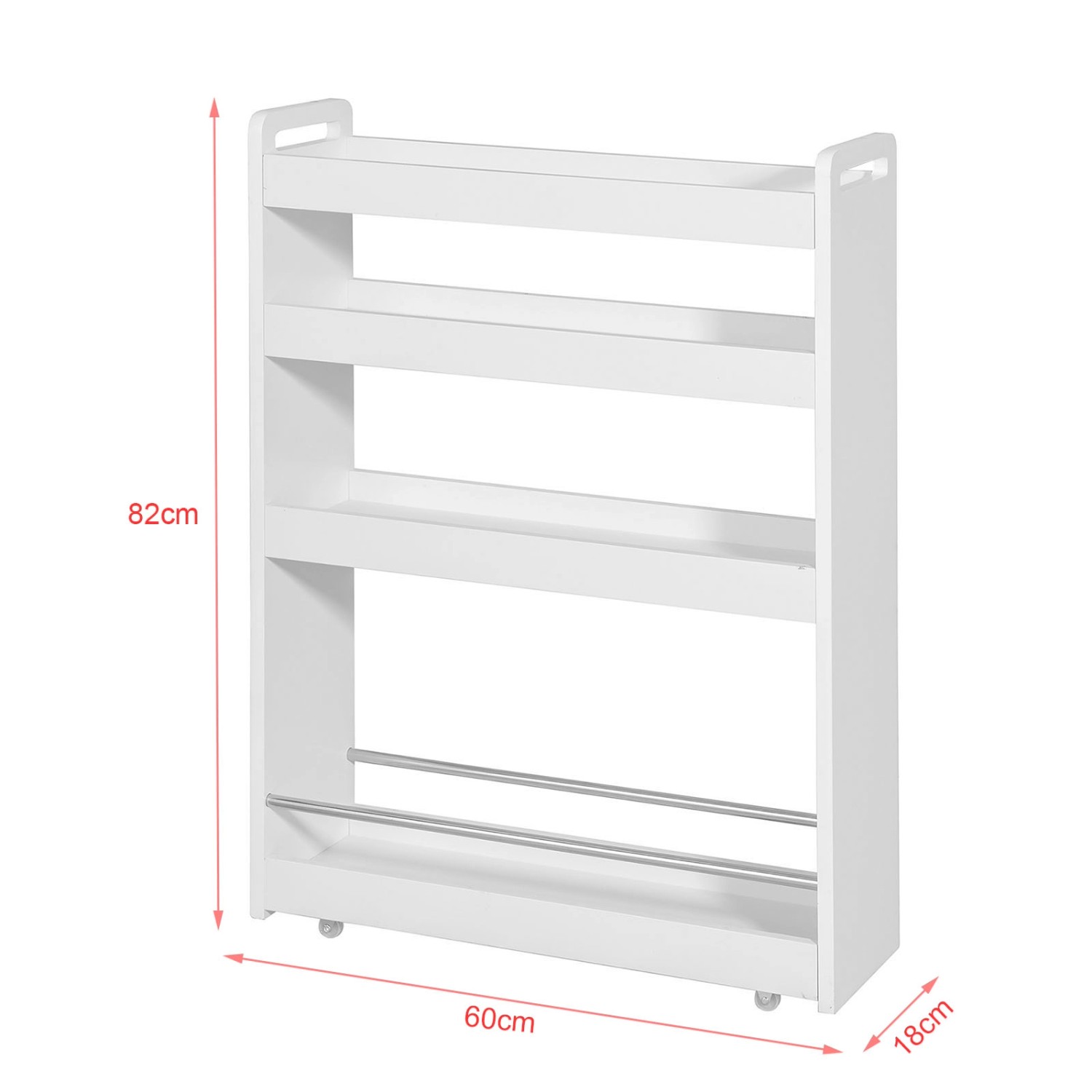 Weißes SoBuy Nischenregal mit 4 Etagen und Rollen, ideal für Küche und Bad.