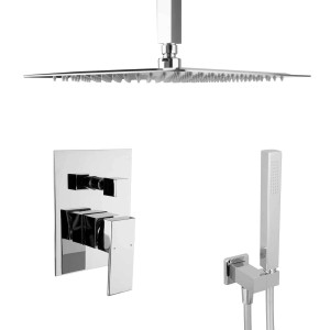 PaulGurkes Unterputz Regendusche eckig mit Deckenarm, Handbrause und Thermostat aus verchromtem Metall.