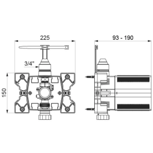 Technische Zeichnung Delabie TEMPOMATIC WC Unterputz-Set. Vorder- und Seitenansicht mit Maßen für Druckspüler.