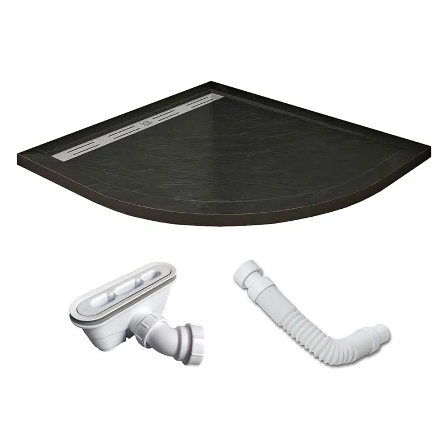 Duschparadies Runddusche 80x80 mit schwarzer Duschwanne und Ablaufgarnitur.