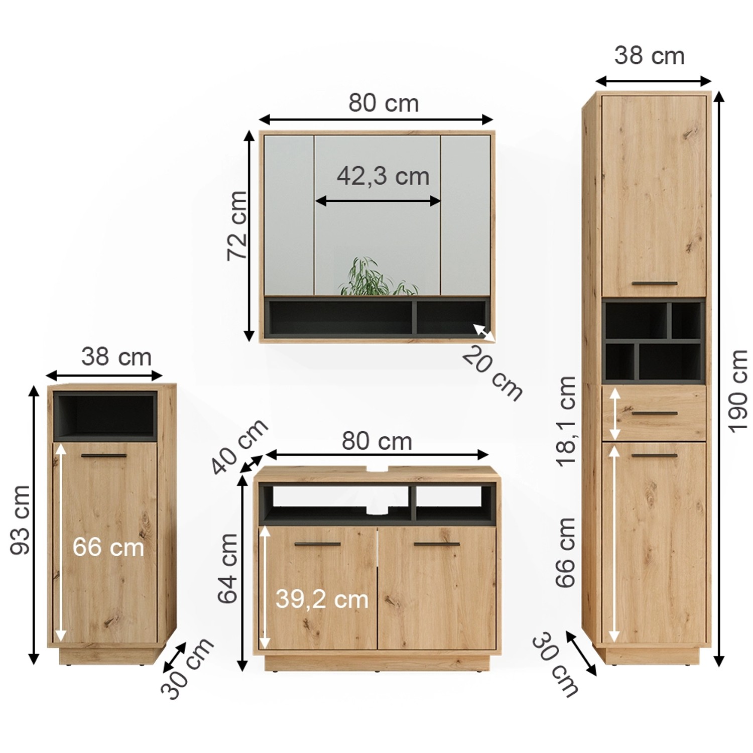 Vicco Badmöbel-Set Beatrice, 4-teilig, Eiche/Anthrazit, mit Spiegel-, Hoch-, Mittel- und Unterschrank.