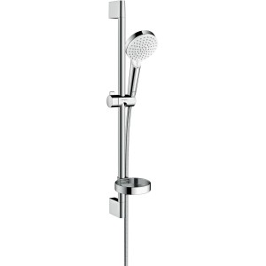 Hansgrohe Crometta Vario Brauseset mit Stange (65cm), Handbrause, Schlauch und Seifenablage in Weiß-Chrom.