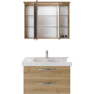 Pelipal Badmöbel-Set Trentino in Riviera Eiche: Waschtisch mit Unterschrank und Spiegelschrank.