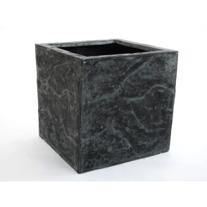 Quadratischer Pflanzkübel in Steinoptik, anthrazit-grau, 40x40x40 cm, aus Fiberglas.