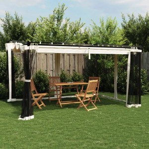 Cremefarbener vidaXL Pavillon 4x3 m mit Netzseitenwänden im Garten.