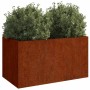 Rechteckiger Pflanzkübel aus rostigem Cortenstahl mit grünen Pflanzen. Ideal für Garten, Balkon oder Terrasse.