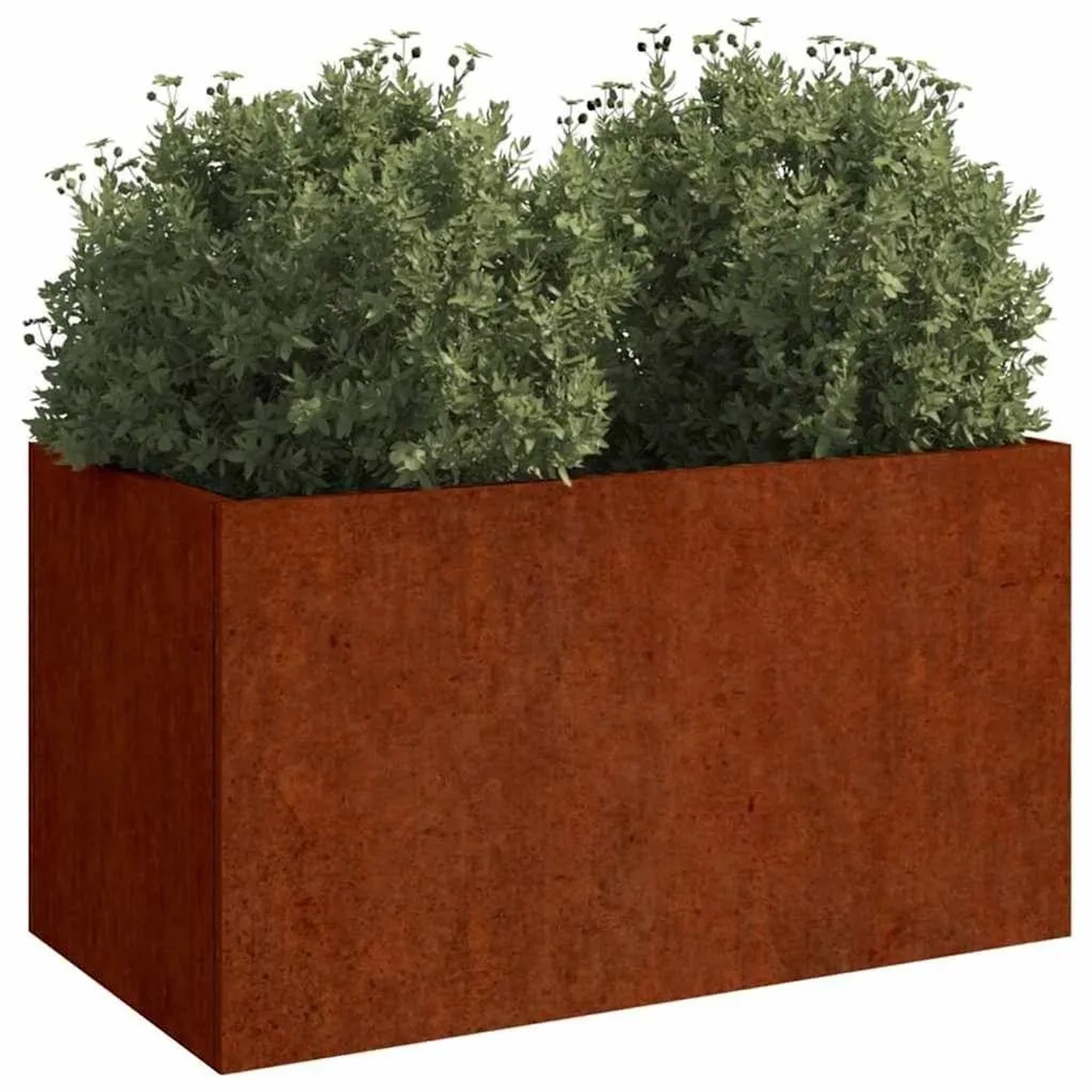Rechteckiger Pflanzkübel aus rostigem Cortenstahl mit grünen Pflanzen. Ideal für Garten, Balkon oder Terrasse.