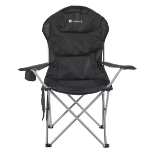 Schwarzer Juskys Campingstuhl Lido mit Getränkehalter und Tragetasche.