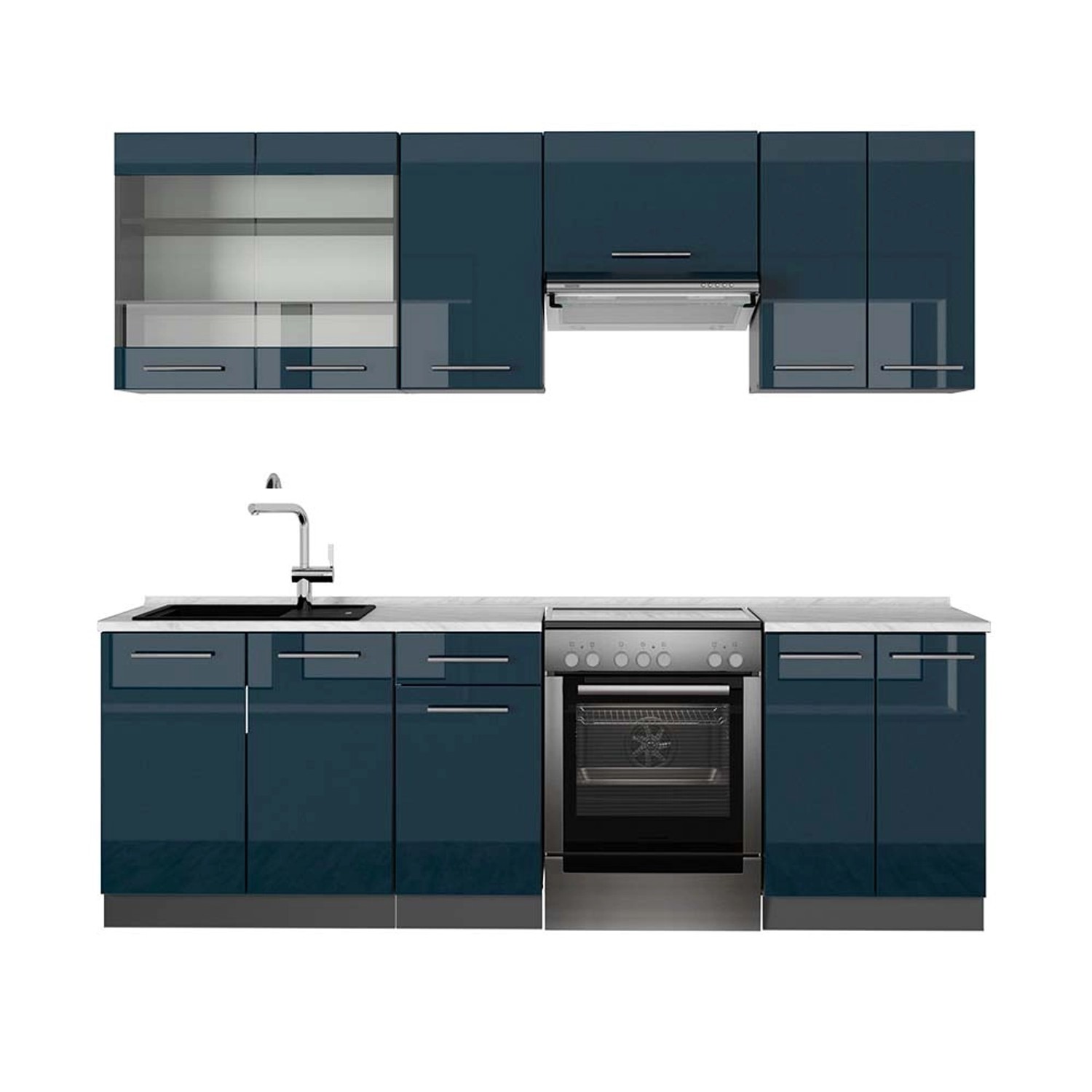 Vicco Fame-Line Küchenzeile Dunkelblau Hochglanz/Anthrazit 240 cm AP Marmor günstig online kaufen