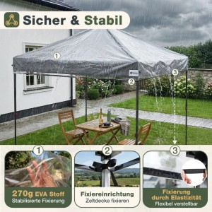 Transparente, wasserdichte 3x3m Pavillon Schutzhülle aus EVA-Material im Regen, mit Befestigungsbändern im Garten.