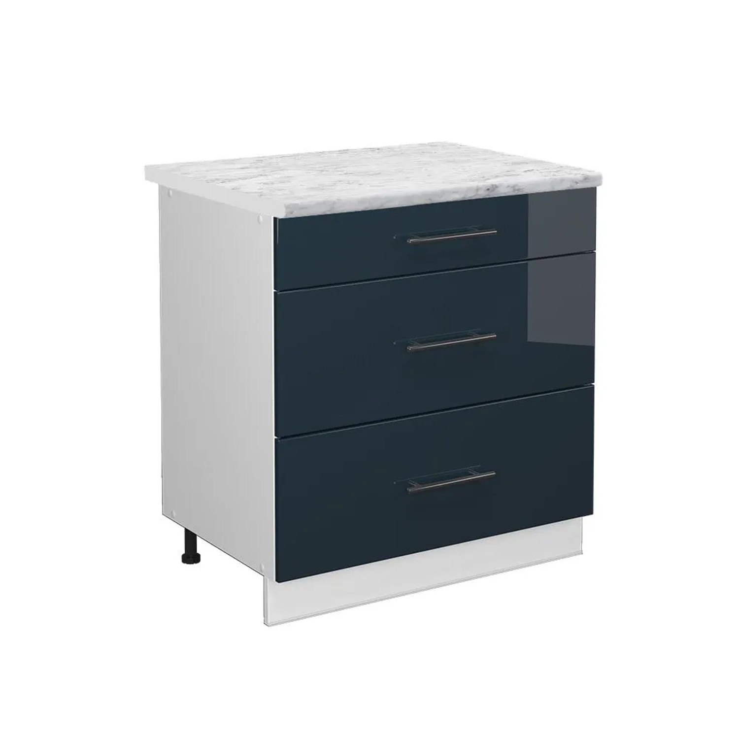 Vicco Küchenschränke Fame-Line DunkelBlau Hochglanz 80 cm mit 3 Schubladen AP Marmor