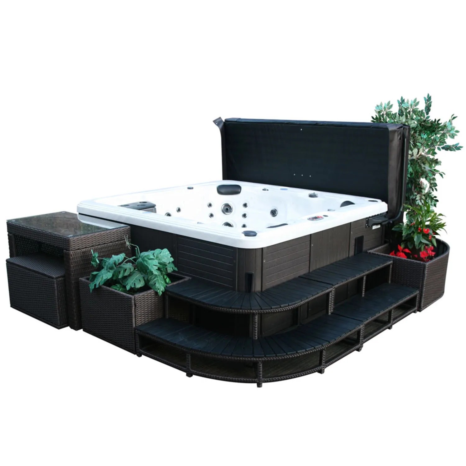 Braune Rattantreppe für Canadian Spa Whirlpool, 2-stufig, aus synthetischem Holz, 106x56x43cm.