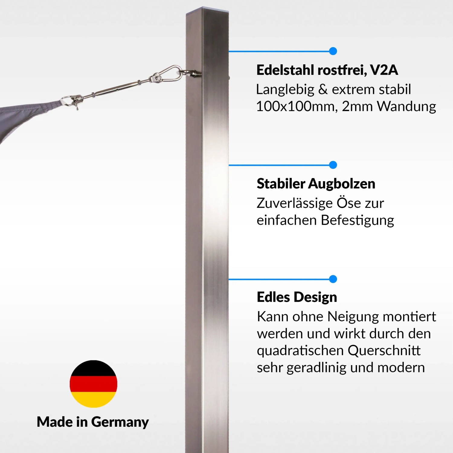 Sonnensegelmast Toldoro, 2,5m, Edelstahl, mit Öse. Quadratischer Sonnensegel Pfosten.
