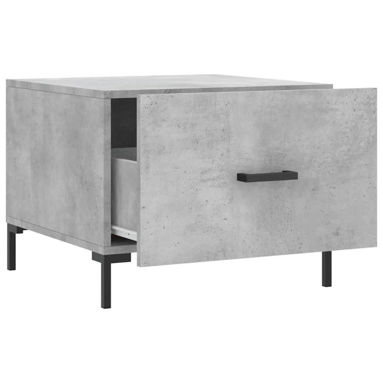 Set aus zwei grauen Couchtischen (50x50x40 cm) im Beton-Look mit Schublade und schwarzen Metallbeinen.