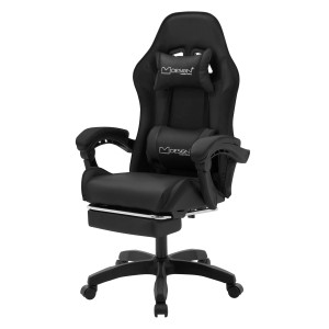 Schwarzer ML-Design Gaming Stuhl mit Fußstütze und Kunstlederbezug.