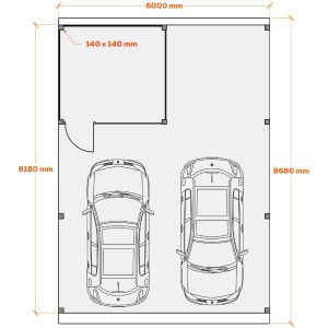 Grundriss Holzbrüder Doppelcarport Ralf mit Geräteraum, Maße 600x868cm, anthrazit/dunkelgrün.