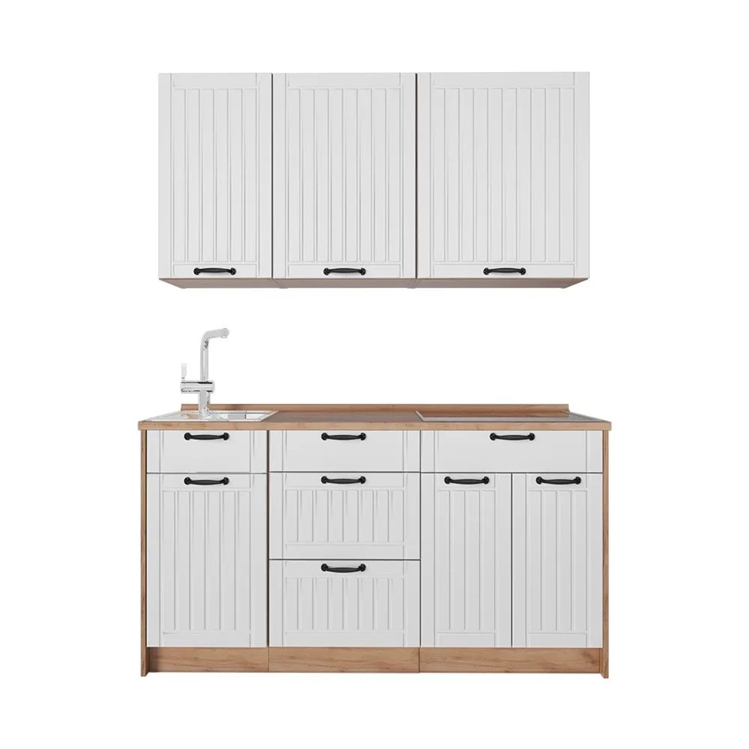 Vicco Singleküche Fame-Line Weiß Landhaus/Goldkraft Eiche 150 x 82 AP Eiche Art Nr 64800