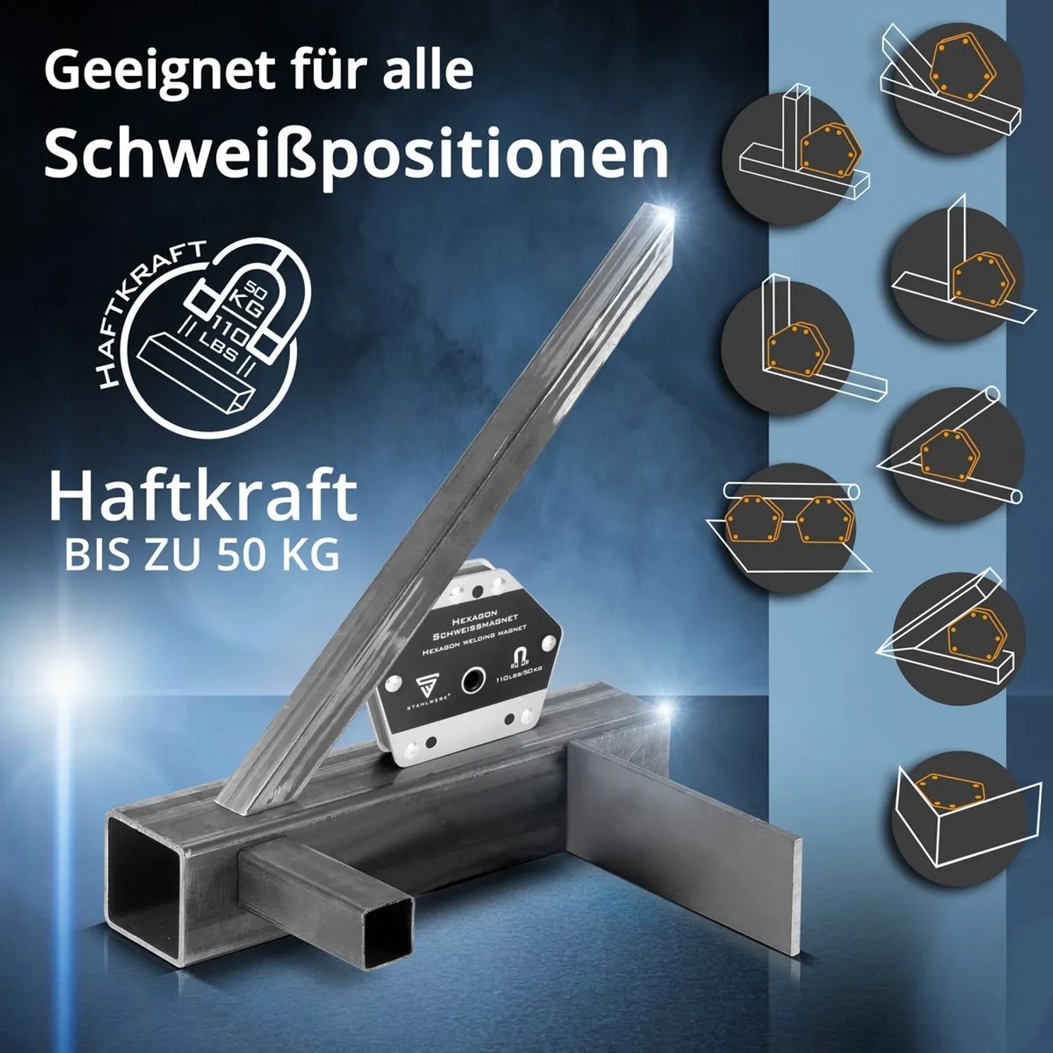 STAHLWERK Hexagon Schweißmagnet fixiert Metallwerkstücke mit 50 kg Haftkraft. Ideal für Schweißarbeiten und Montage.