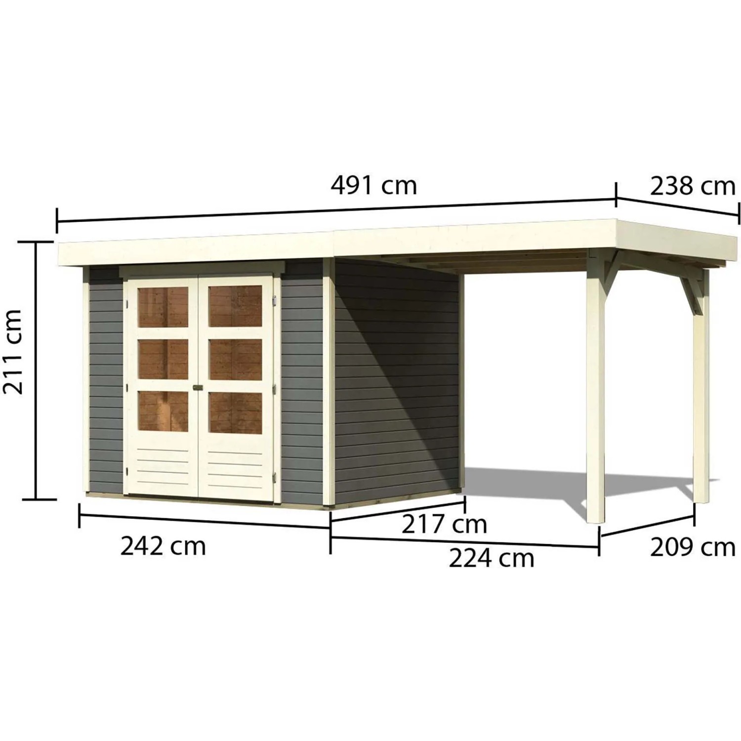 Karibu Holz-Gartenhaus Boras, terragrau, mit Flachdach und Anbau, Maße: 238x213 cm.