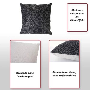 Schwarzes Deko-Kissen 45x45cm mit barockem Glanz-Muster. Abnehmbarer Bezug mit Reißverschluss, für Sofa & Garten.