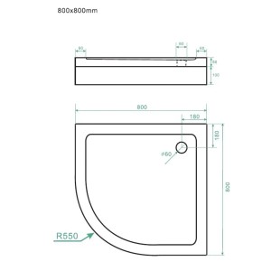 Technische Zeichnung: Viertelkreis Duschtasse 80x80x5 cm, Duschwanne für Badprojekte.