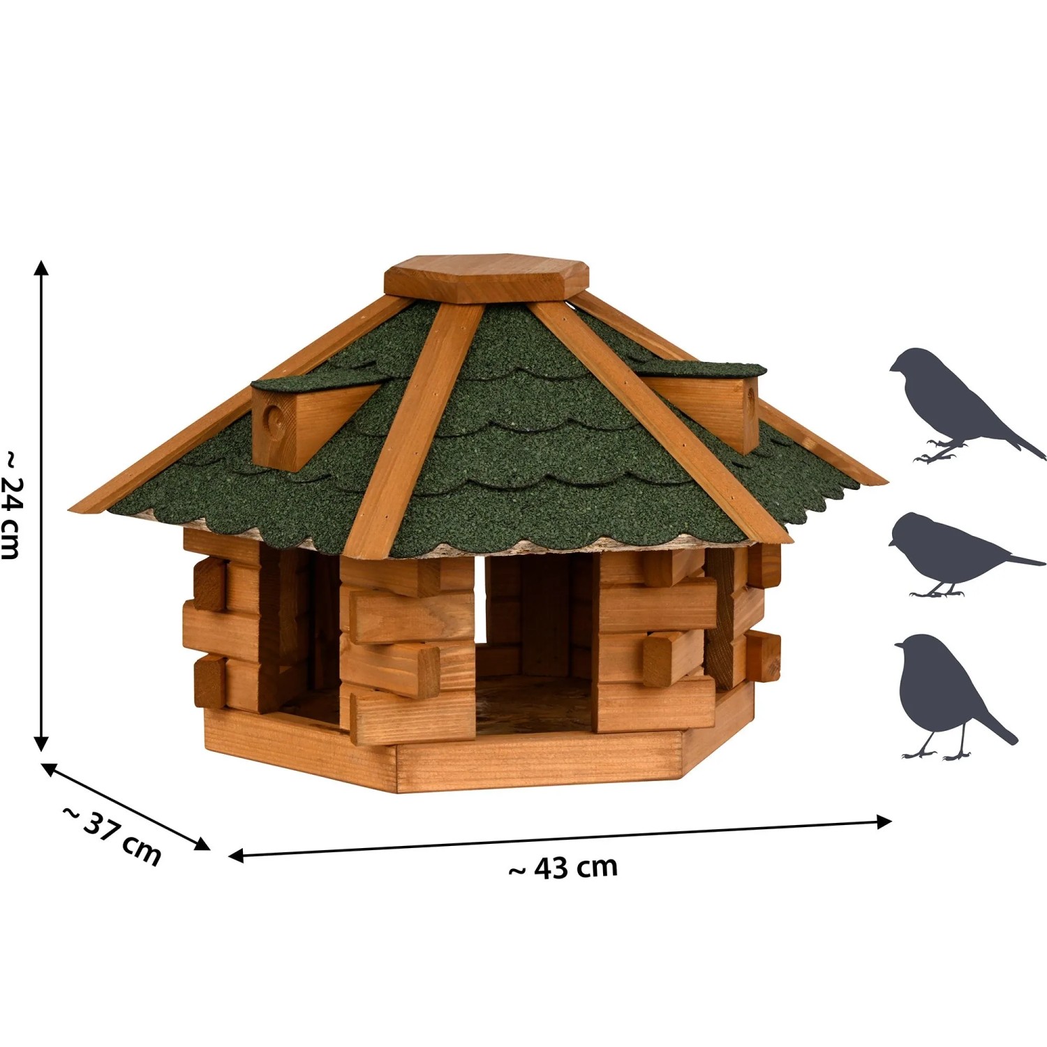 Sechseckiges Dobar Vogelhaus Blockhaus aus Holz mit grünem Bitumendach. Maße: 43x37x24 cm. Ideal für Vögel im Garten.