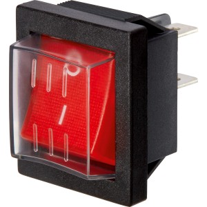 Schwarzer Wippenschalter mit roter Betätigung und transparenter Schutzkappe für Lampeninstallation.