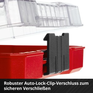 Detailaufnahme des Auto-Lock-Clips am roten Einhell Ratschen Bit Set Koffer.