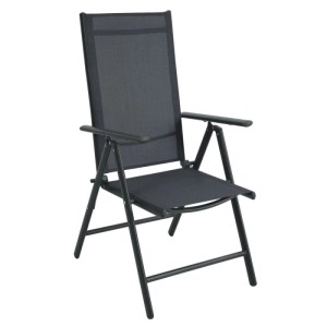 Klappbarer Gartenstuhl Hochlehner aus anthrazitfarbenem Aluminium mit textilem Sitz und verstellbarer Rückenlehne.