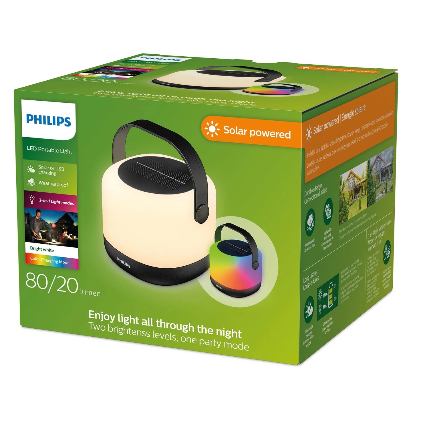 Philips Solarleuchte Alula, tragbar, schwarz-weiß, mit RGB-Farbwechsel und Tragegriff.