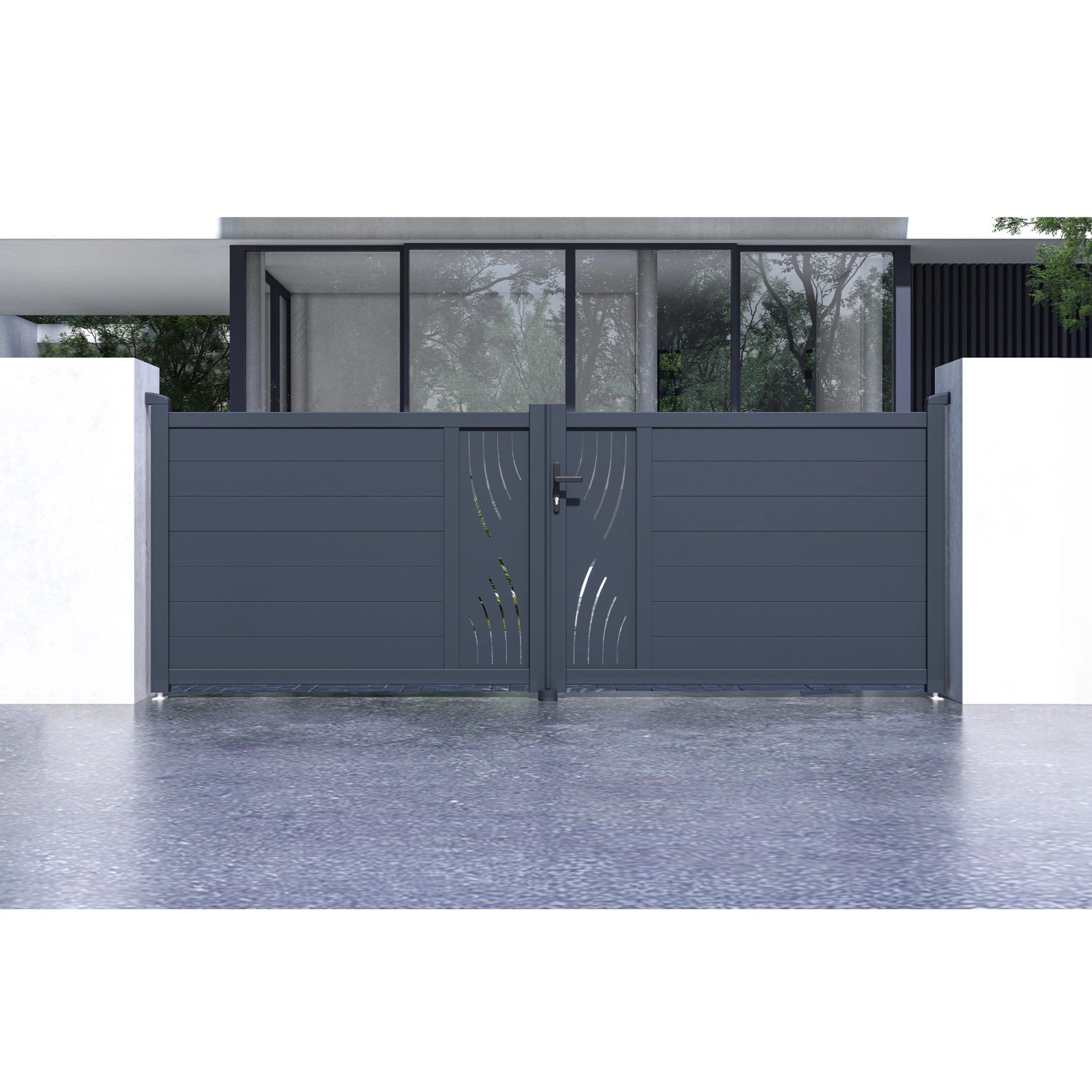 Graues Casanoov Flügeltor Veleta aus Aluminium mit Motorisierung und modernem Design.