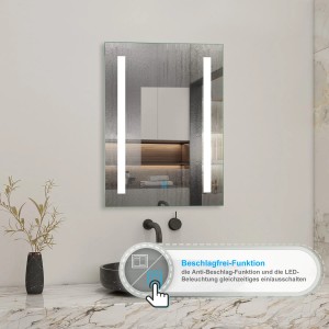 Rechteckiger Badspiegel 50x70 cm mit LED-Beleuchtung, Touch-Funktion und drei Lichtfarben.