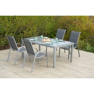 Merxx Amalfi Gartenmöbel-Set, 5-teilig, mit Tisch (190x100 cm) und 4 Stapelsesseln in Grau.