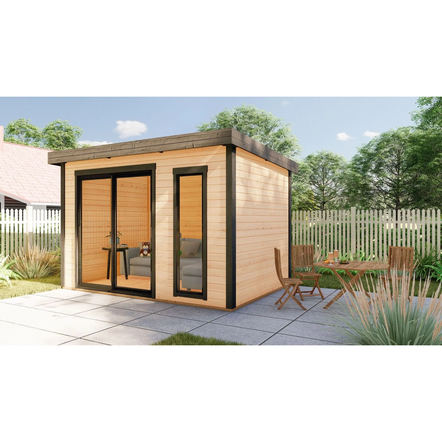 Finn Art Blockhaus 28mm Flachdach Gartenhaus Holz 3,6x2,45m Sydney 48 mit Schiebetür  Premium Dachbahn  28mm Fußboden