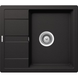 Schwarze Respekta Granitspüle Nashville, 58x50 cm, mit Abtropffläche und Siebkorb.