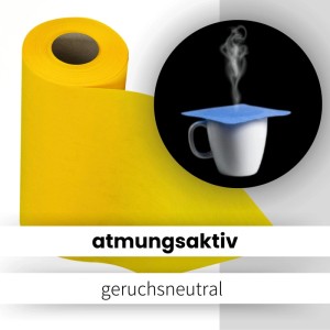 Gelber Sensalux Vlies-Tischläufer (50cm x 25m) mit Tasse und Dampfblase.