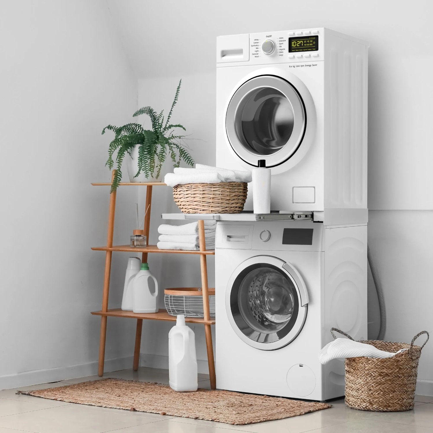 ML-Design Zwischenbaurahmen mit Ausziehplatte in Weiß zwischen Waschmaschine und Trockner.