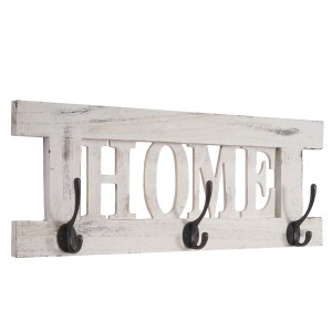 Weiße Wandgarderobe im Shabby-Look mit HOME Schriftzug und 3 Doppelhaken.
